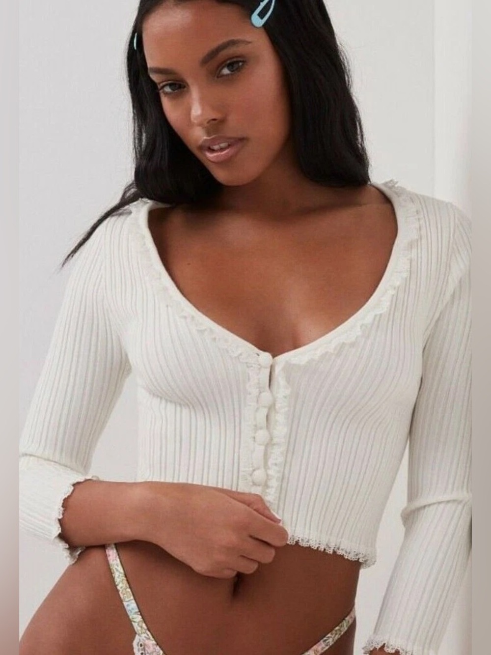 For Love and Lemons White Ribbed V Neck Lace Cardigan Size XS